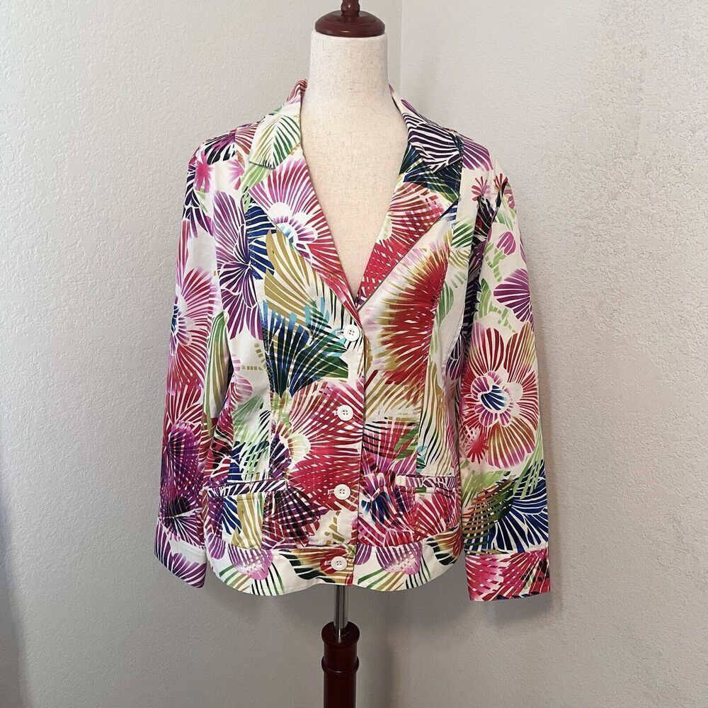 Chicos Women’s Multicolored Bright Floral Palm Print Blazer Jacket Size Large